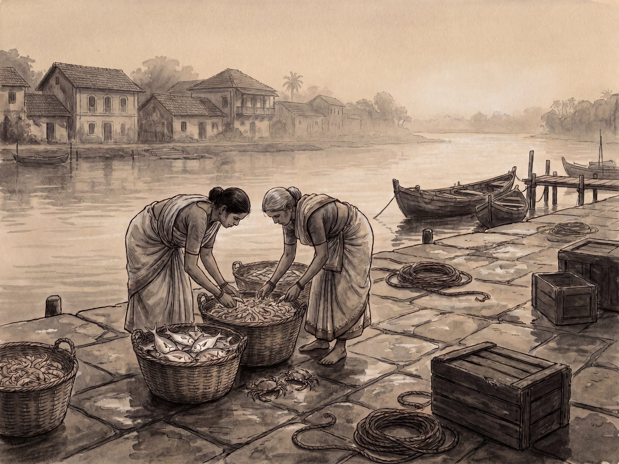 Goan Fisherwomen at the Riverside Market: Charcoal