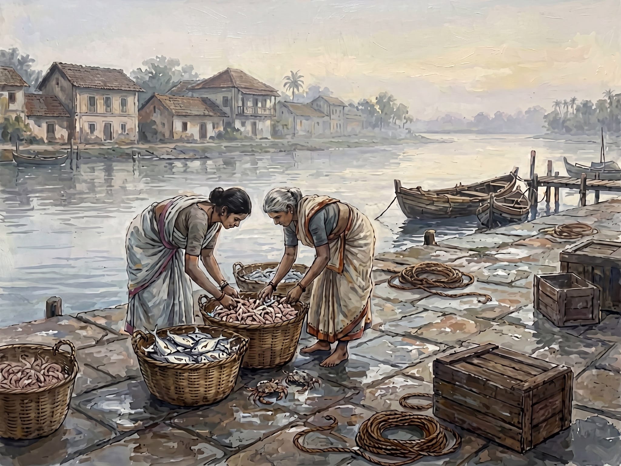 Goan Fisherwomen at the Riverside Market: Oil Canvas