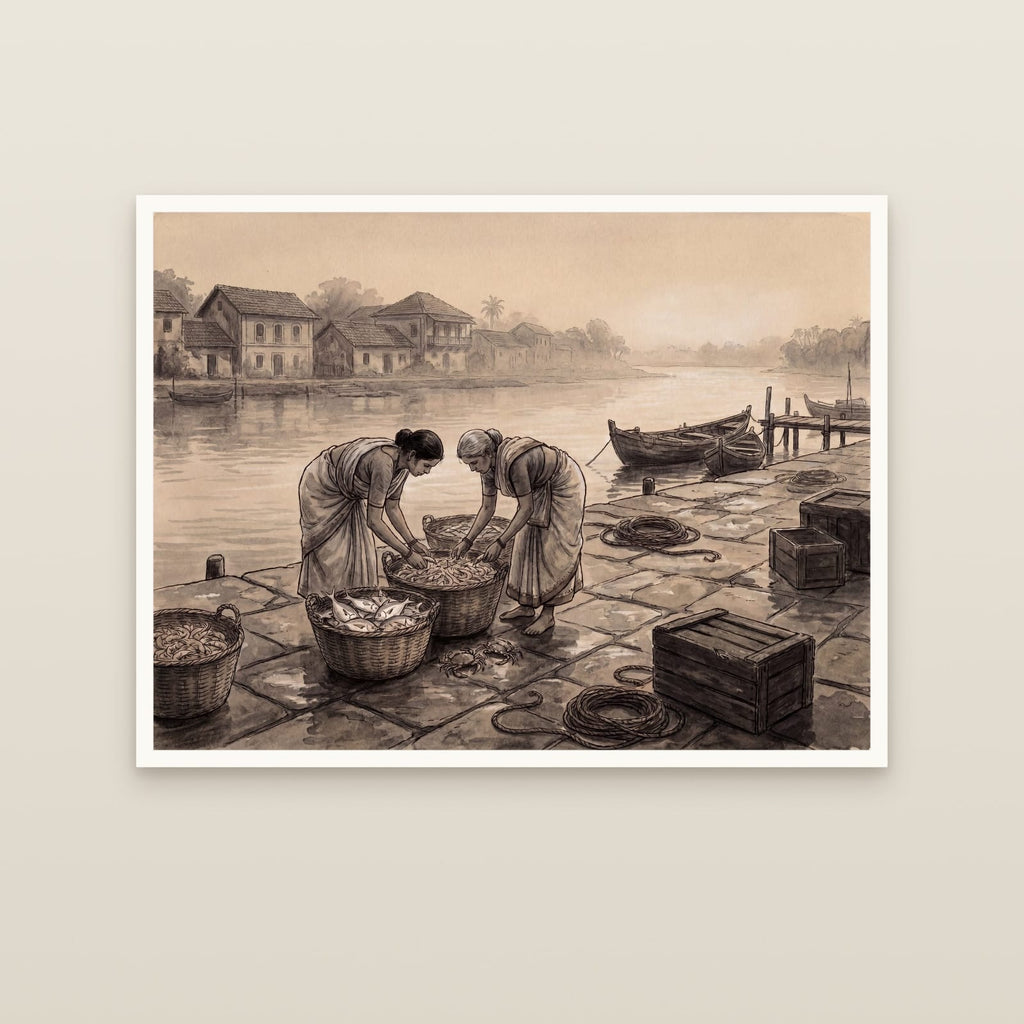 Goan Fisherwomen at the Riverside Market: Charcoal (unframed print)