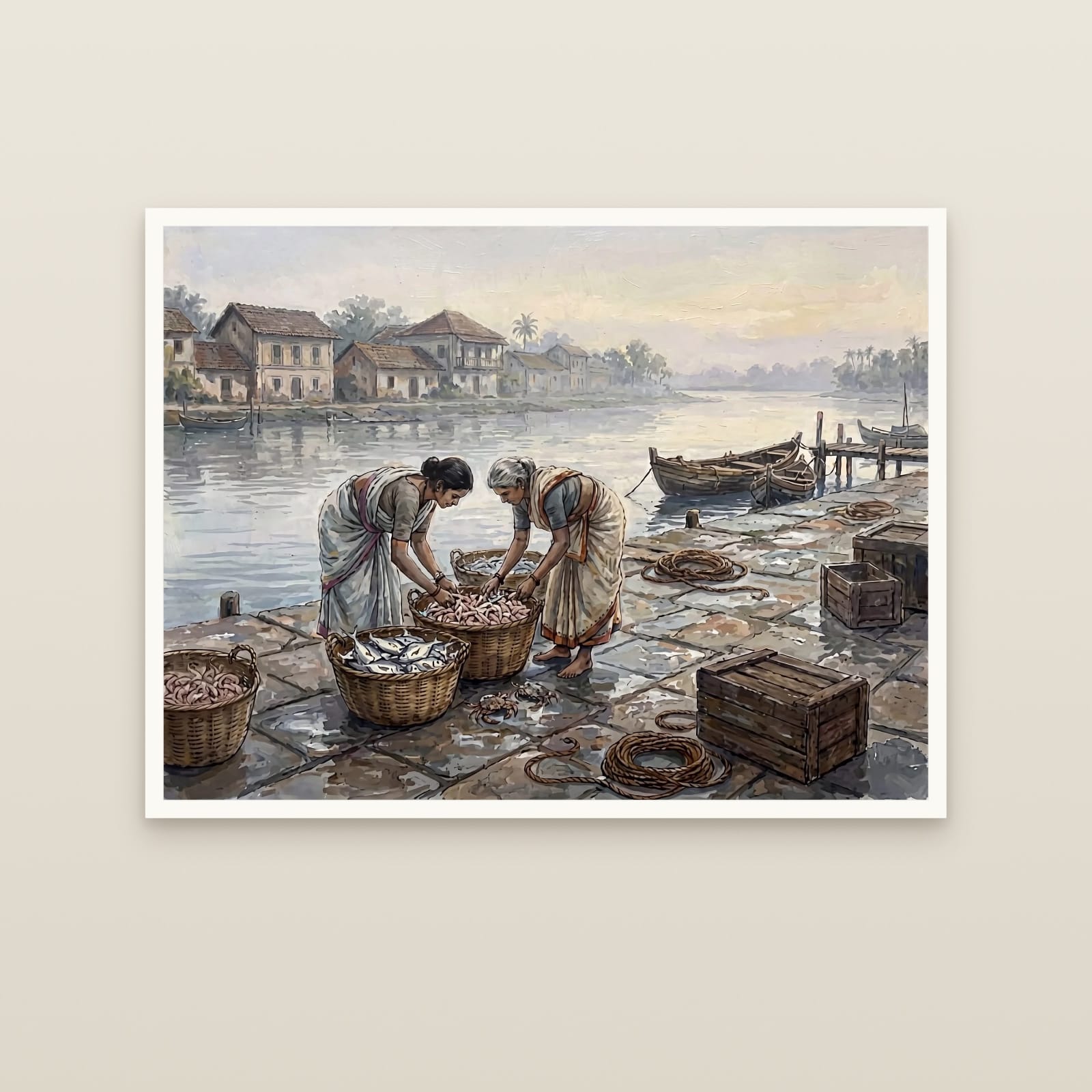 Goan Fisherwomen at the Riverside Market: Oil (unframed print)