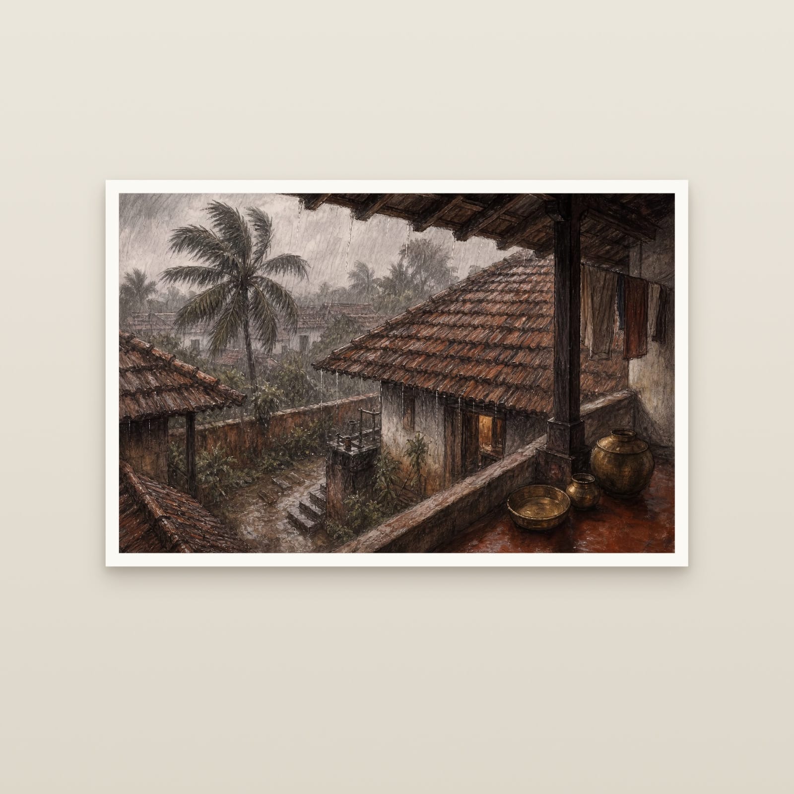 Mangalore Tile Roofs in Monsoon (unframed print)