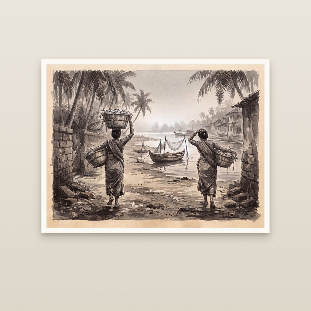 Tonse to Malpe, Baskets Homeward: Charcoal (unframed print)