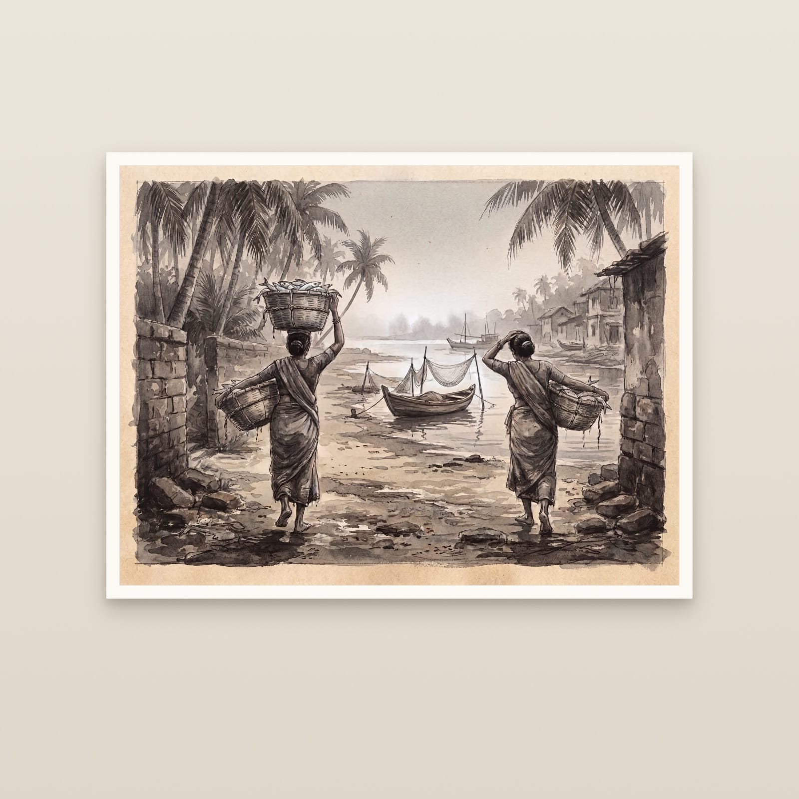 Tonse to Malpe, Baskets Homeward: Charcoal (unframed print)