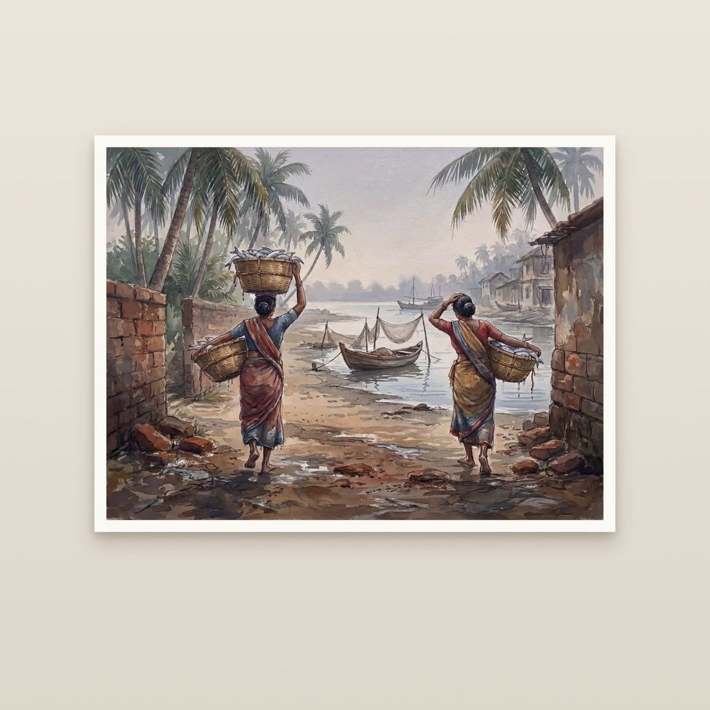 Tonse to Malpe, Baskets Homeward: Oil (unframed print)